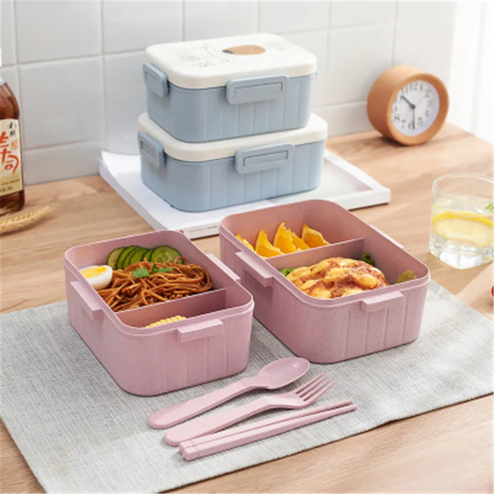 

Plastic Wheat Straw Lunch Box Portable Picnic Camping Food Container 2 Layers With Cutlery Fruit Rice Storage Microwave oven