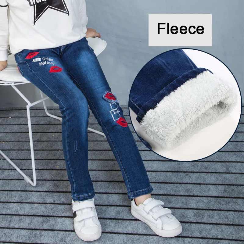 Флисовые джинсы для девочек; зимняя детская одежда; г.; хлопковые плотные теплые ковбойские леггинсы для подростков; эластичные джинсовые штаны для девочек 12 лет - Цвет: 9001 fleece