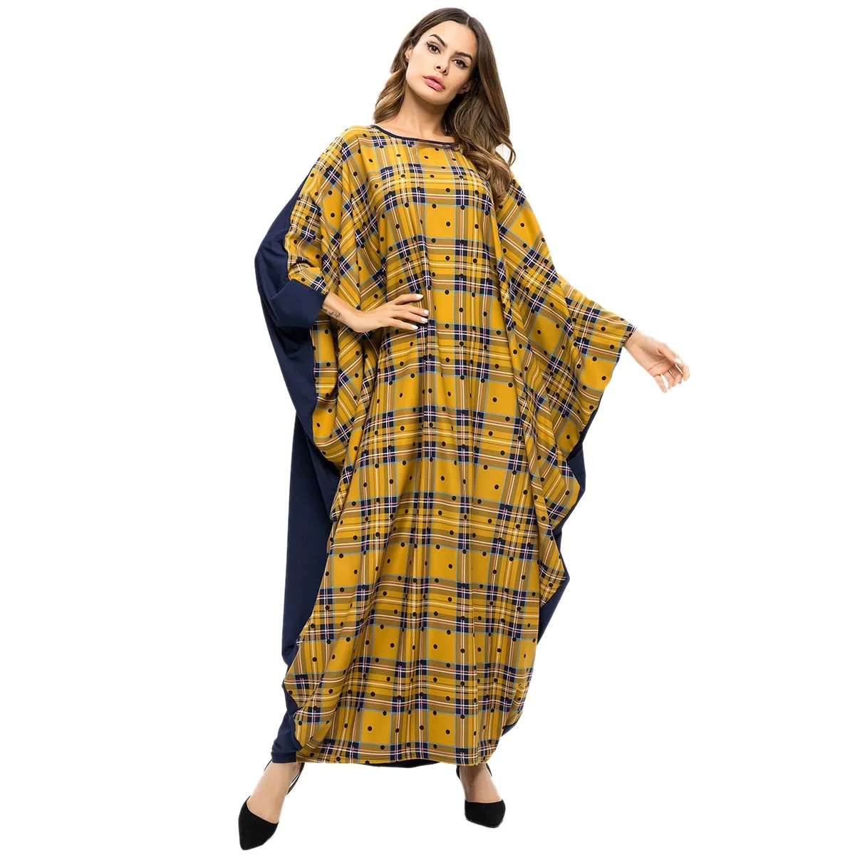 Мусульманское абайя женское лоскутное клетчатое платье с рукавом летучая мышь свободные халаты размера плюс Макси длинное платье средневосточные мусульманские повседневные халаты F - Цвет: AS SHOWN