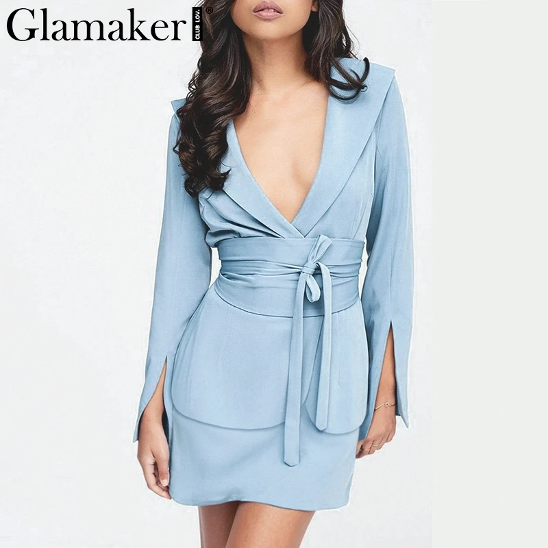 

Glamaker Sexy blue long sleeve women blazer Elegant office lady lace up deep v neck blazer dress Autumn 2019 fashion slim suit