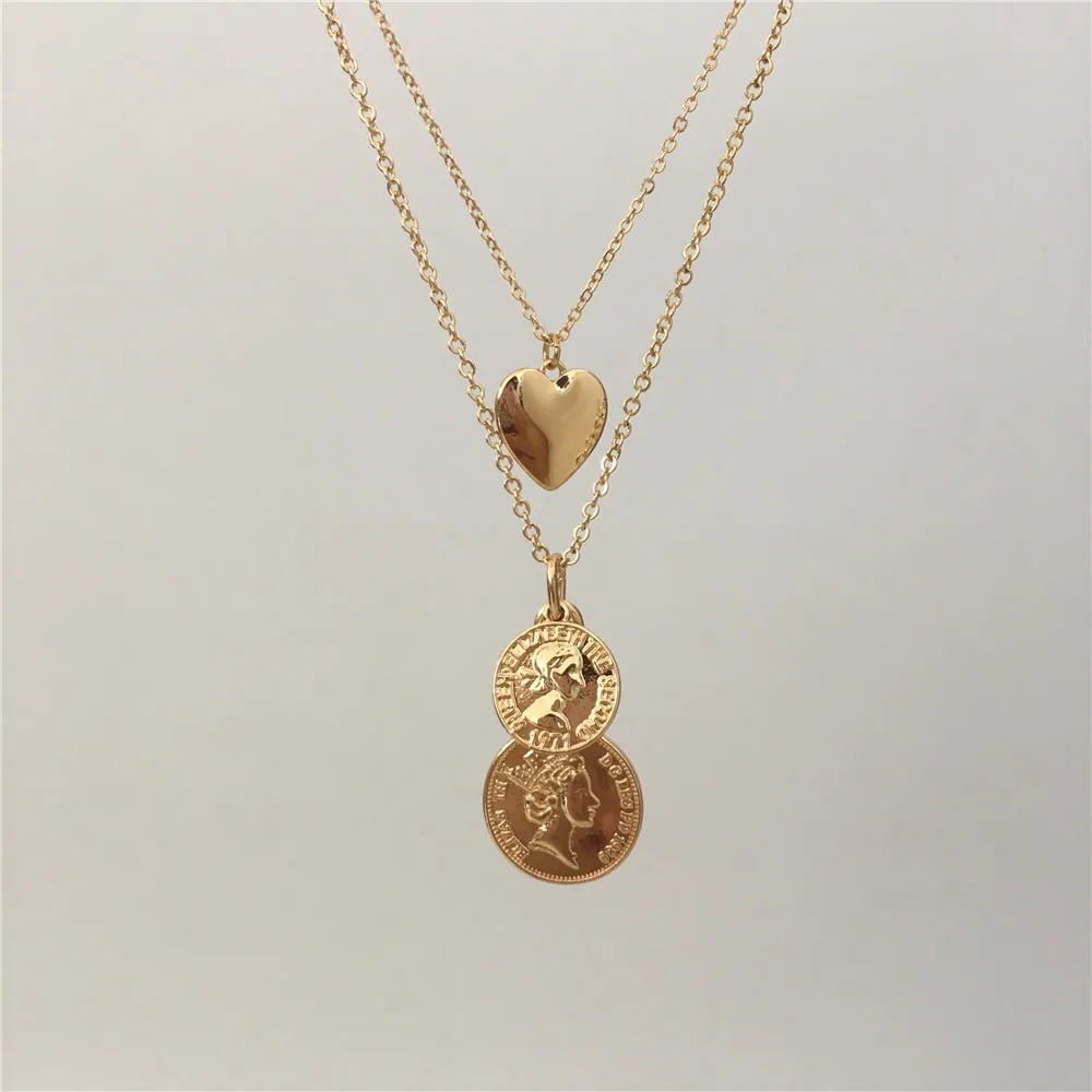

TRENDY NECKLACE GOLD COLOR HEART COIN PENDANT LAYERED NECKLACE FOR WOMEN GIRL