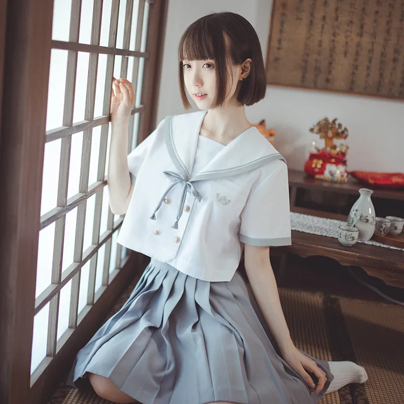 UPHYD школьная форма для девочек с длинным рукавом JK Униформа белая рубашка+ плиссированная юбка аниме косплей костюм матроса костюмы W86 - Цвет: Short Sleeve Set