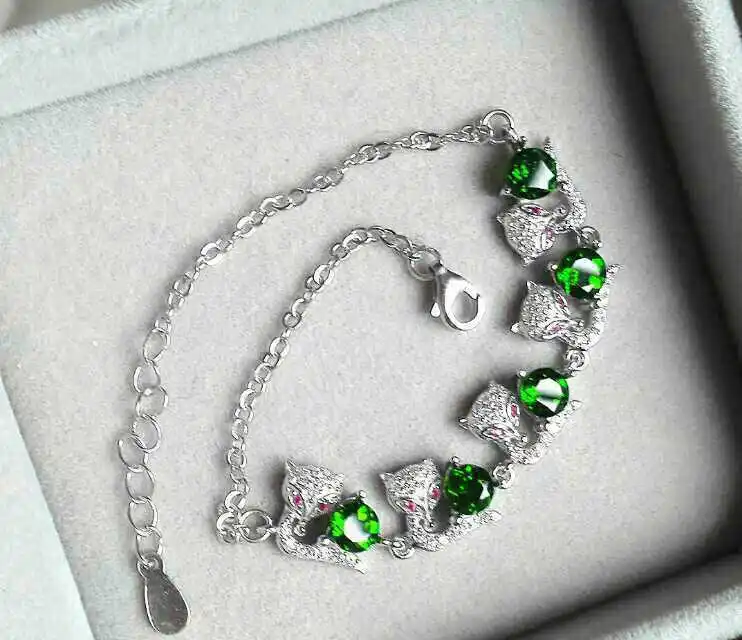 Naturel vert diopside Bracelet naturel pierre précieuse personnalité mignon renard Bracelet 925 arg
