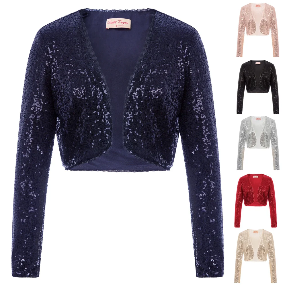 Finest BP Women's clothing Shining Sequined tops Long Sleeve Waved neckline Cropped Length Open Front Bole