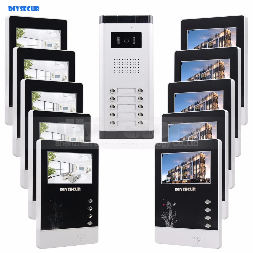 DIYSECUR 10 x 4.3 inch Monitor 4-Wired Apartment Video Door Phone Audio Visual Intercom Entry System IR Camera For 10 Families DIYSECUR 10 x 4.3 inch Monitor 4-Wired Apartment Video Door Phone Audio Visual Intercom Entry System IR Camera For 10 Families