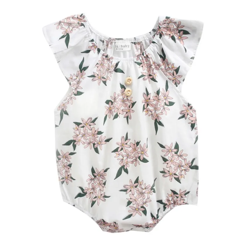 

Summer Baby Clothing Baby Girl 0-36M Floral Jumpsuit Small Flying Sleeve Romper White Cotton Round Neck Romper