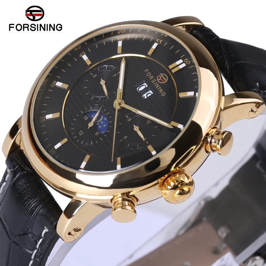 

Forsining2018 Top Brand Luxury Watches Moon Phase Calendar Display Black Leather ShangHai High Grade Automatic Men's Watches