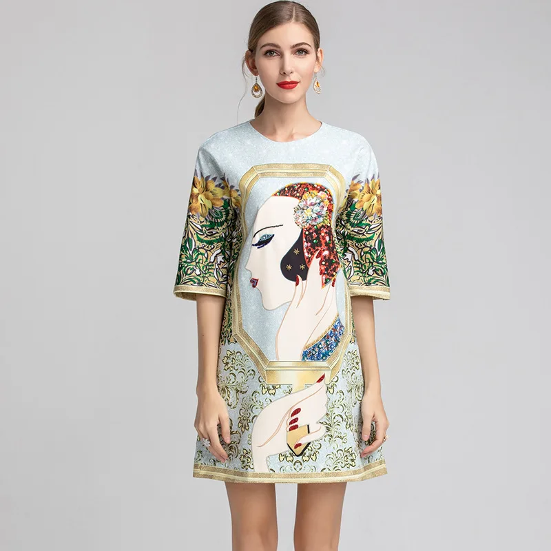 

Banulin Fashion Runway Spring Summer Dress Women's Half Sleeve Gorgeous Crystal Character Printed Elegant Loose Dresses Vestidos