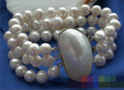 

FREE SHIPPING>>>@@ 0663 3ROW 8" ROUND WHITE CULTURED PEARL BRACELET