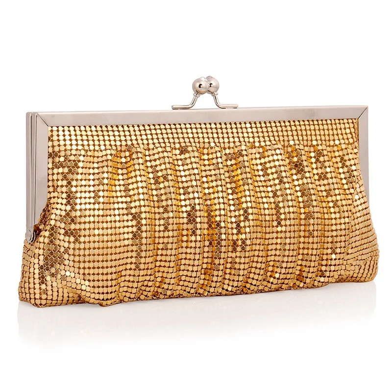 

High Quality Fashion Handmade Gold Color Women Evening Party Wedding Clutch Pouch Soft Handbag Metal Hasp Crossbody Shoulder Bag