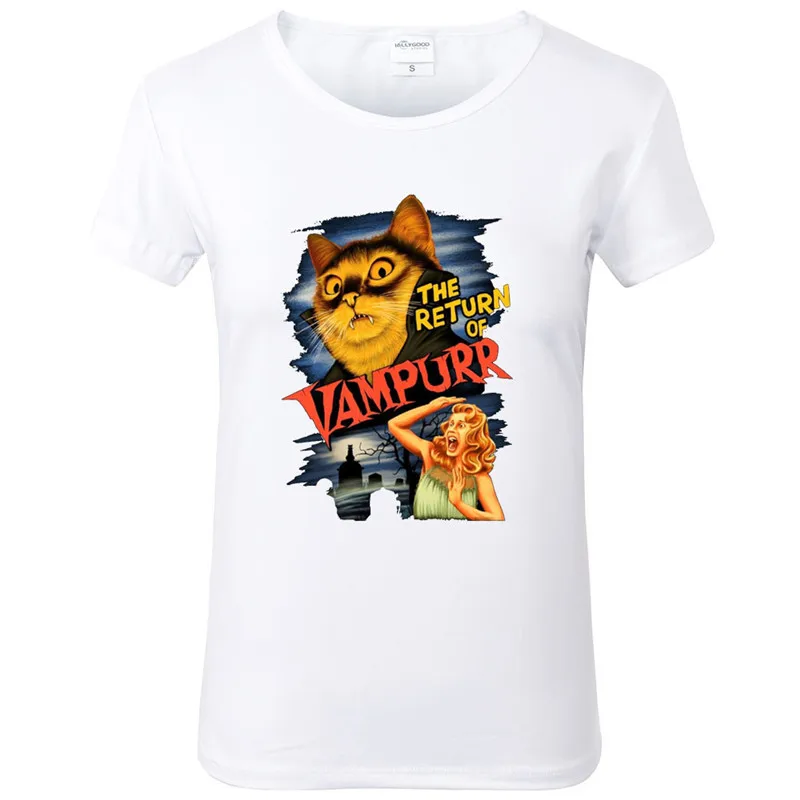 

Summer Funny Vampire Cat T Shirt Women The Return of Vampurr Letter Printed T shirt Soft tee for women girl