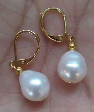 

free shipiing HOT HUGE AAA 9.5-12mm white pearl earring 14k/20 yellow gold