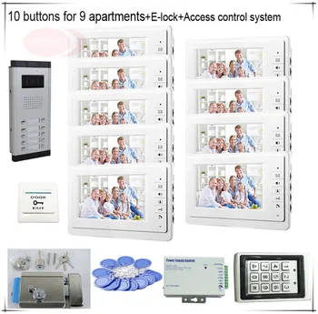 

10 Buttons Color Video Door Phones Intercom Systems 9 LCD Security Doorbell for 9 Apartments +Access Control System+E-lock