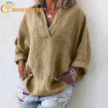

Women Three Quarter Sleeve T-shirt Solid Color V-neck Cotton Linen Plus Size 7 Color 2019 New Fashion Casual Clothing Loose Type