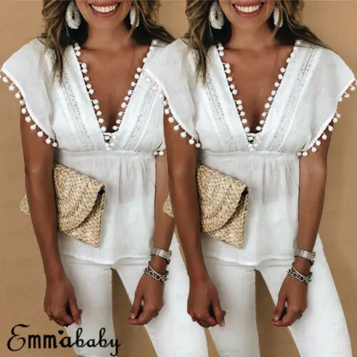 

Women V-Neck Lace T-shirt Blouse Ladies Summer Sleeveless Lace Up Vest Tops Sexy