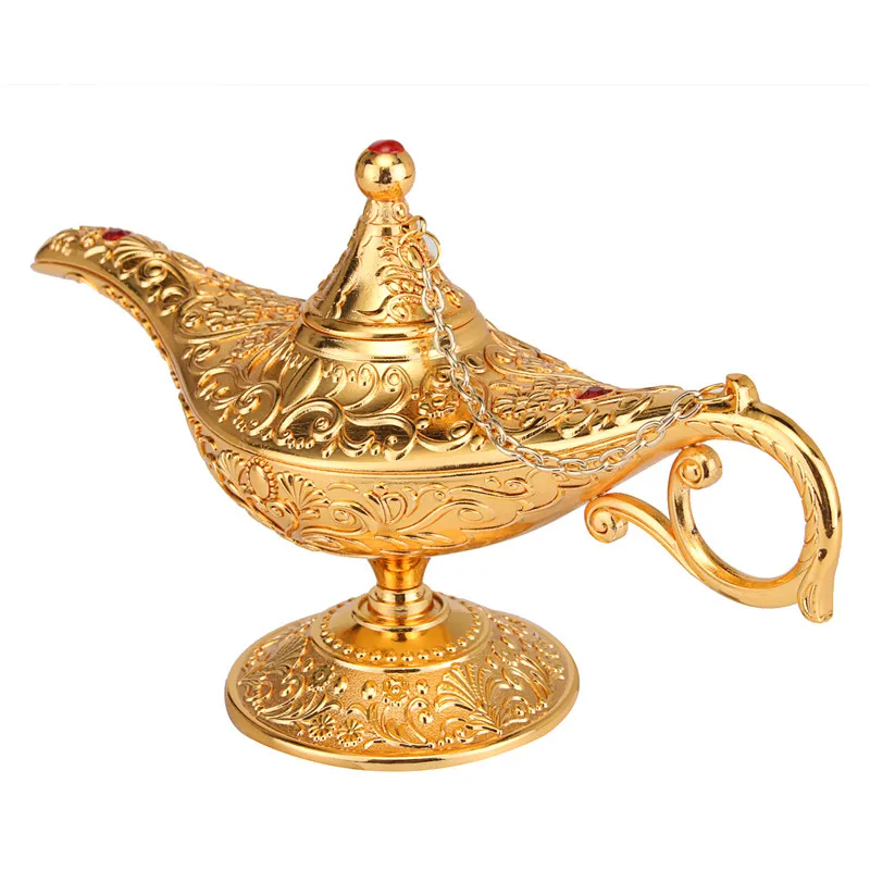 Elegant Vintage Metal Carved Aladdin Lamp Light Wishing Tea Oil Pot Decoration Collectable Saving Collection Arts Craft Gift