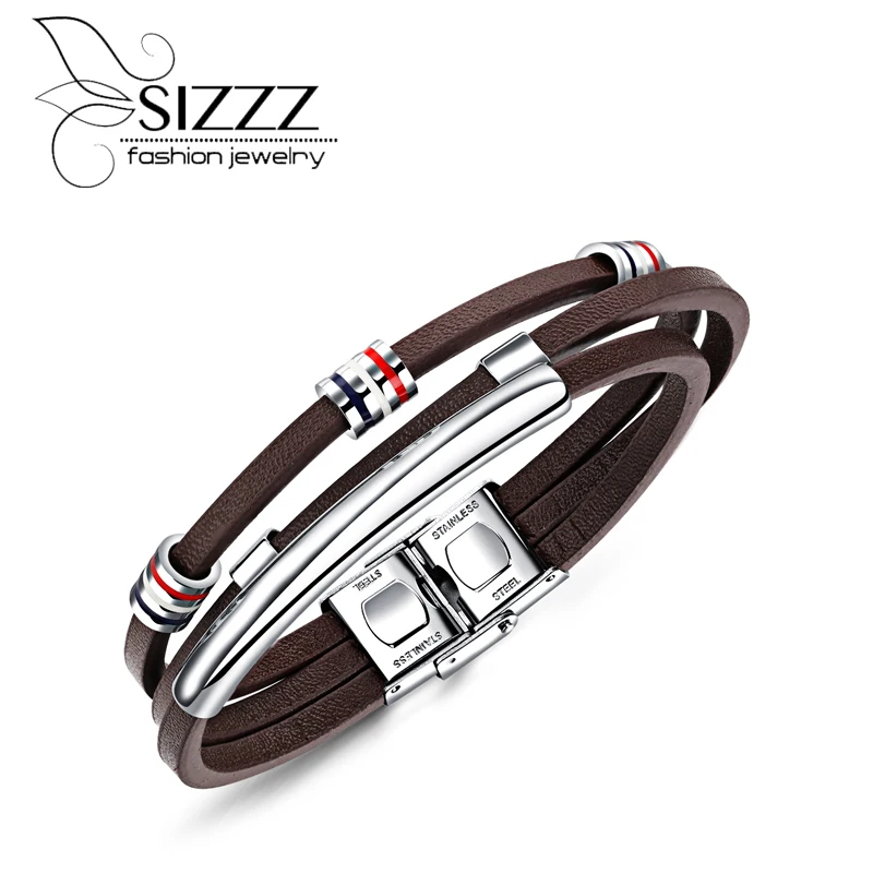 

SIZZZ 2017 Fashionable retro multi - layer design titanium steel leather bracelet&bangles for men