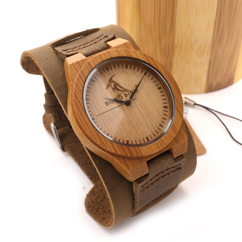 BOBO BIRD Wooden Wristwatch Mens Bamboo Dial Brown Leather Quartz Watch in Gift Box Logo Customization Available Male hodinky
