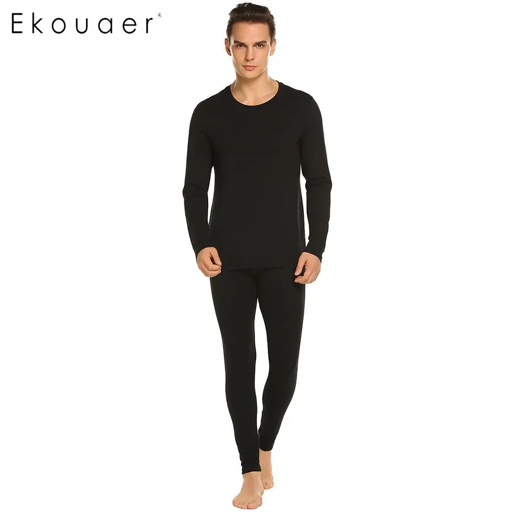 

Ekouaer Men Long Johns Thermal Underwear Set Casual Solid Round Collar Long Sleeve Shirts Autumn Winter 2 Piece Underwear Set
