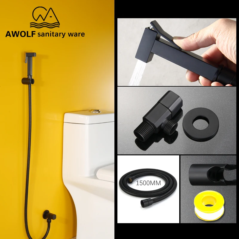 Square Bidet Sprayer Shattaf Bath Soild Brass Black Shut Off Valve Set Two Hose