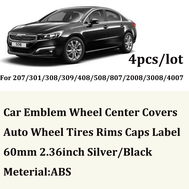 

4pcs/lot 60mm car wheel center hub caps auto emblem covers free shipping For peugeot 207/301/308/309/408/508/807/2008/3008/4007