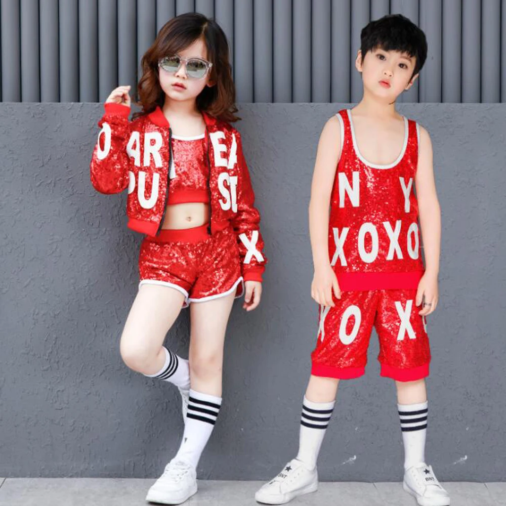 Best Girls Boys Red Sequin Ballroom Jazz Hip Hop Dance Performance Costumes Shirt Tops Pants for Kid Modern Party Stage wear Outfits