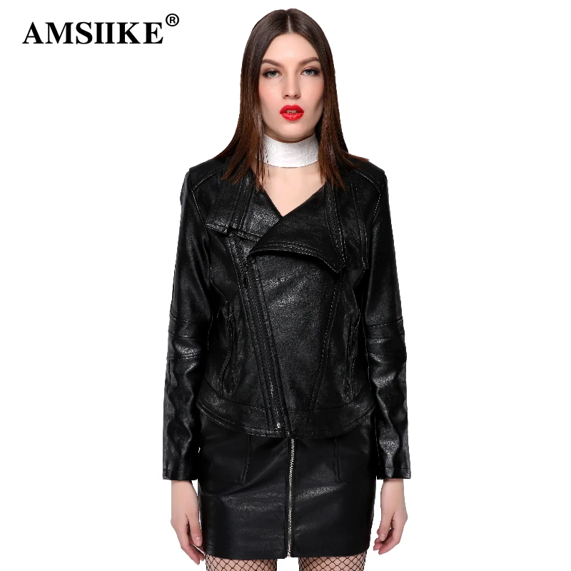 AMSIIKE 2019 Женская куртка из искусственной кожи датский тонкий пиджак черный карман