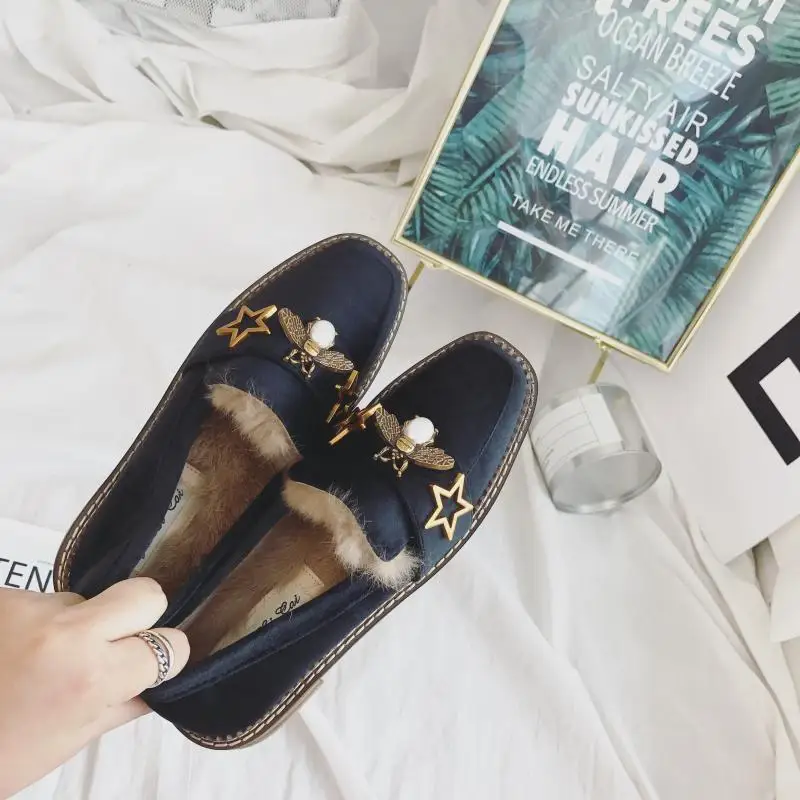 

Fur Chain Loafers Women Velvet Real Rabbit Fur Slipony Oxford Furry Golden Star Bee Shoes Warm Winter Slip On Moccasins