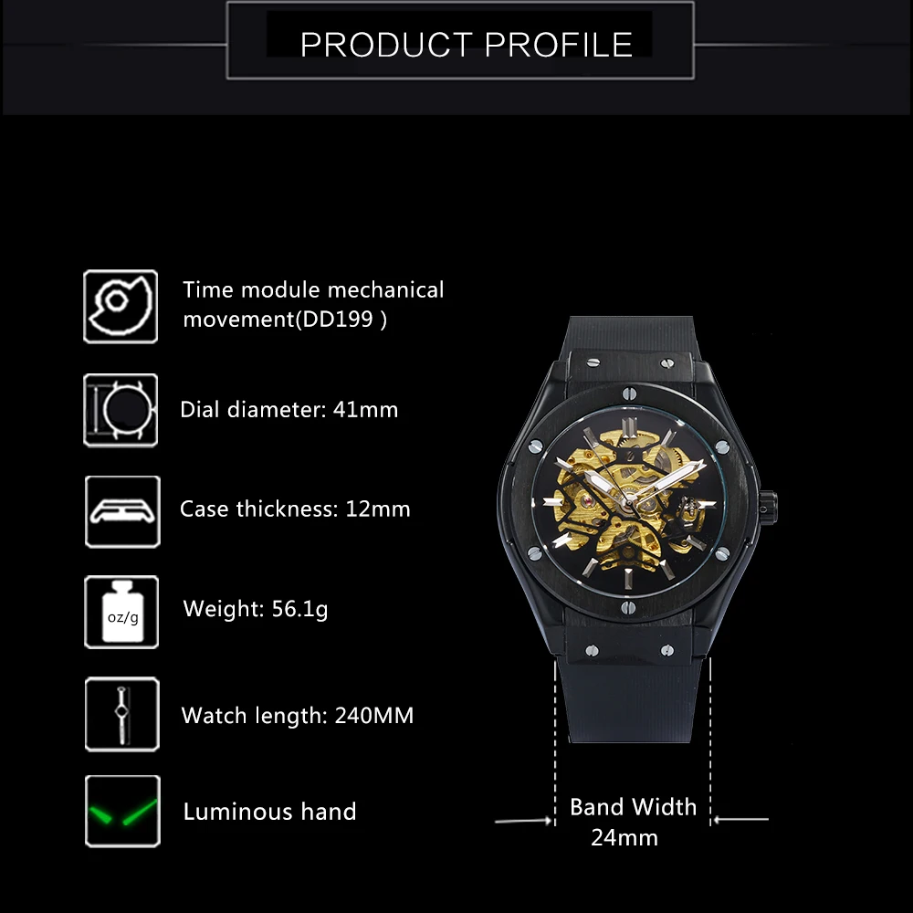 الفائز الرجال الأزياء بارد أسود التلقائي الميكانيكية ووتش ساعة بحزام مطّاطي الهيكل العظمي الطلب التلقائي الطلب تصميم نمط الرياضة ساعة اليد