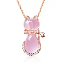 Pink Opal Kitty Cat Pendant Necklace