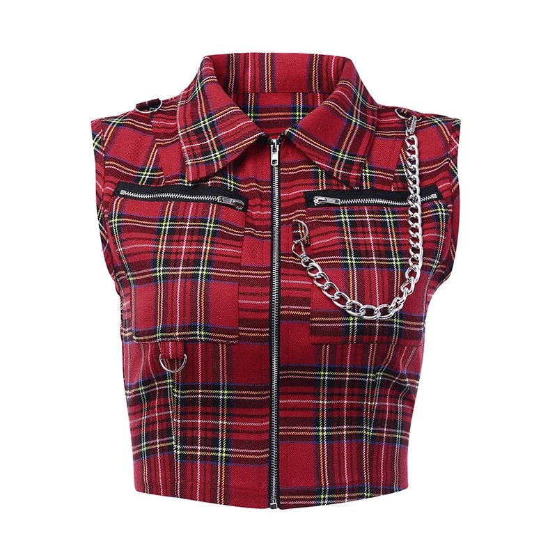 Gothic Chic Sexy Crop Tops Women T-shirt White Black Plaid Punk Streetwear Zipper Chain Plaid Female Goth Retro Hi Hop Camis Top - Цвет: Red