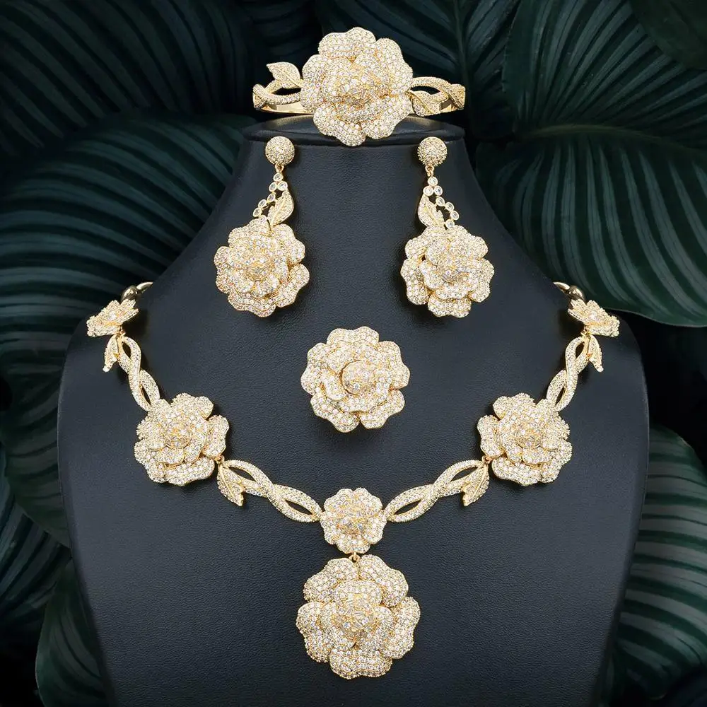 

ModemAngel Fashion Luxury Flower Luxury Rhinestones Wedding Jewelry Sets Gold Color Necklace Bracelet Earring Ring Set
