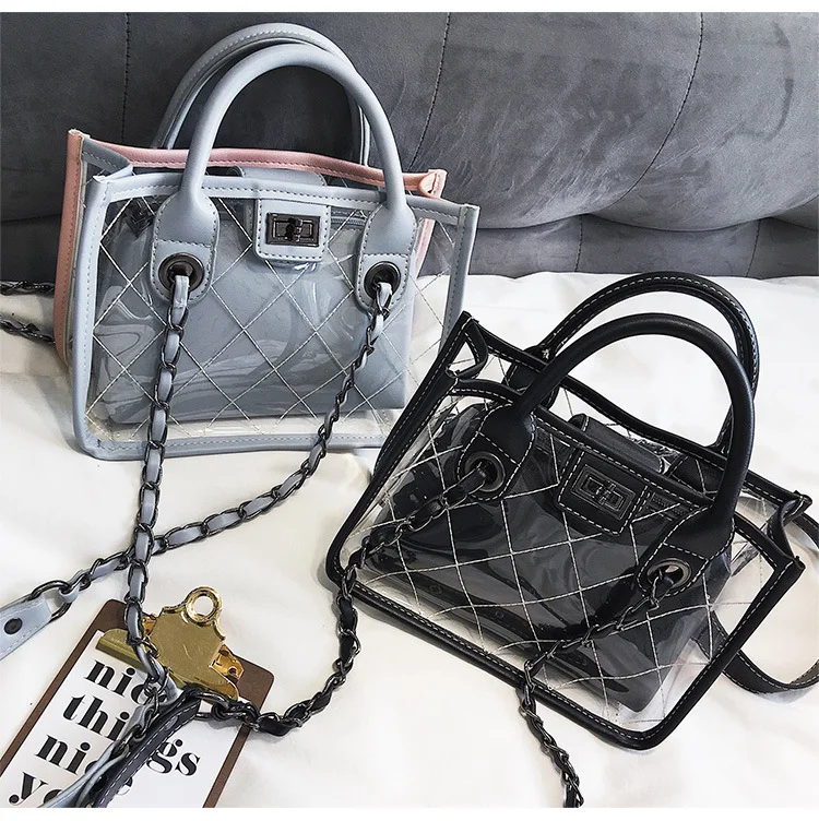 Clear PVC Quilted Tote Women Small Transparent Chain Shoulder Bag Luxury Fashion Female Crossbody PU Shopper Bag Blue Pink Green (41)