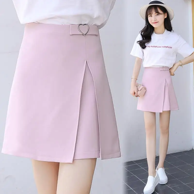 Elexs new summer high waist skirt Anti-light irregular split skirt a word skirt student pink