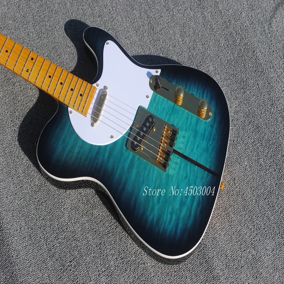 

In Stock Blue burst color Electric Guitar with Quilted Maple Top, MAPLE fretboard, Solid Mahogany with Golden Hardware