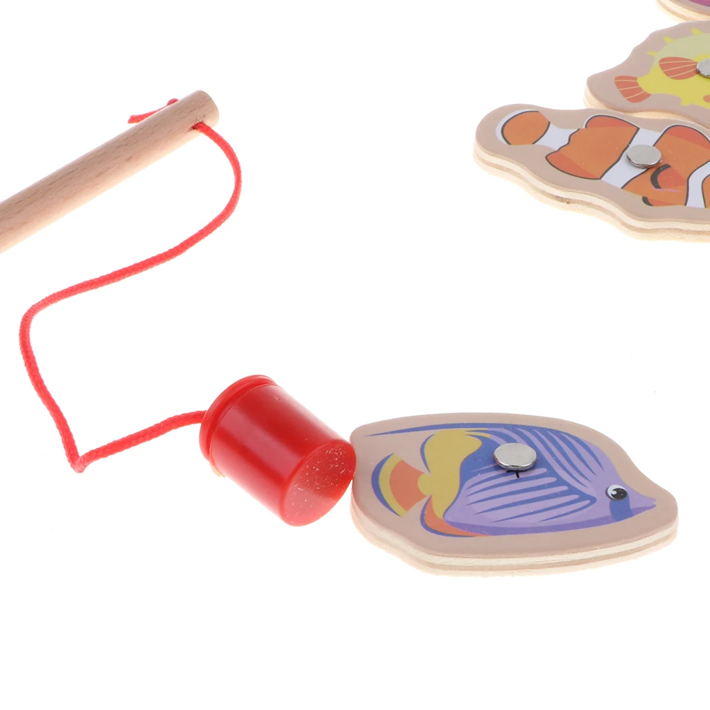 3 in One Magnetic Fishing Game Toy, 20 Wooden Fish Animal Model & 2 poles with Ocean Jigsaw Puzzle Board Educational Pretend Toy