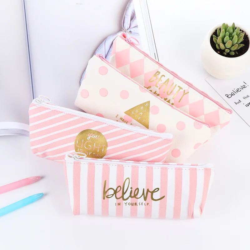 Kawaii Pink Canvas Pencil Case Cute Dot Stripe Pencil font b Bag b font For font