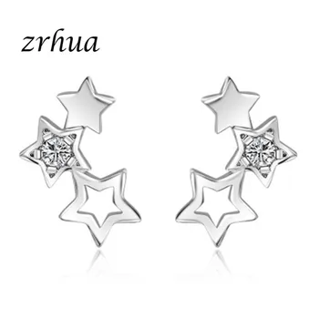 

ZRHUA Brand 925 Sterling Silver Women Stud Earrings for Wedding Female Hollow Star Shape Pave White Crystal Bijoujx Brinco Mujer