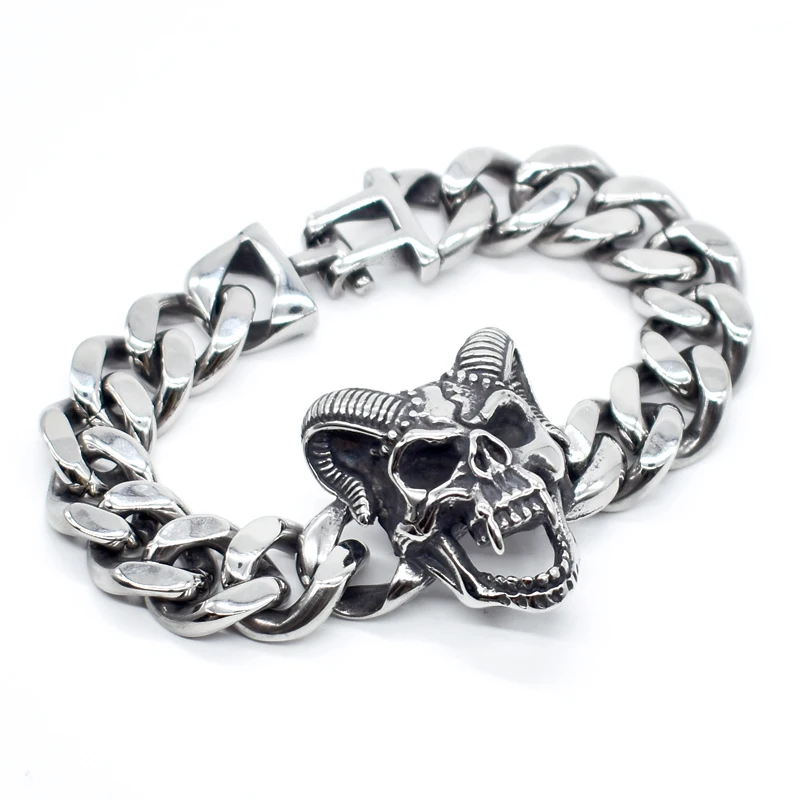 

AMUMIU 2018 Skull Bracelet 316L Stainless Steel Big Heavy Men Bracelet Biker Cross Skeleton Hand Chain Wholesale HB132