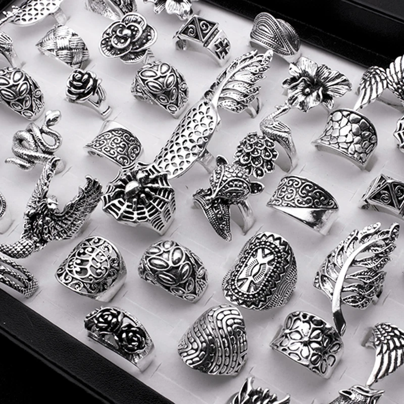 25pcs/lot Mixed Styles Bohemia Animal Rings for Women New Arrival Ancient Silver Plated Hollow Vintage Rings Party Gift 5