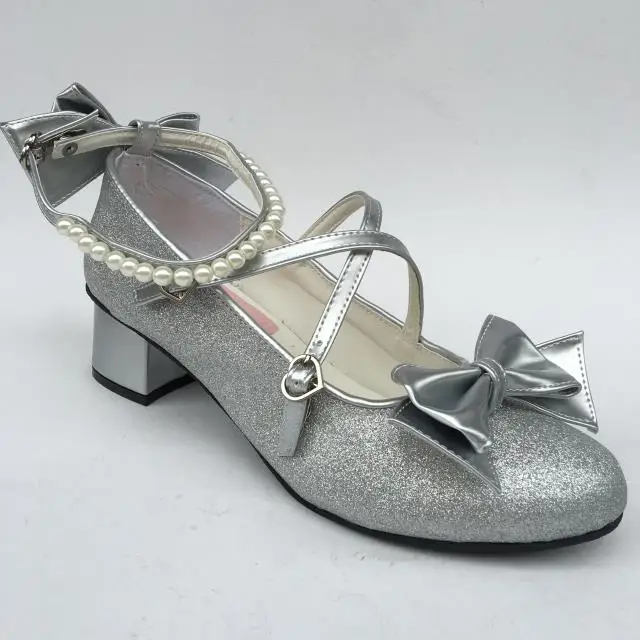 Womens-Shiny-Black-Silver-Sequin-Pumps-Bow-Strap-Cross-Pearl-Ankle-Strap-Princess-Lolita-Shoes-Custom-Tailor-Available- 29