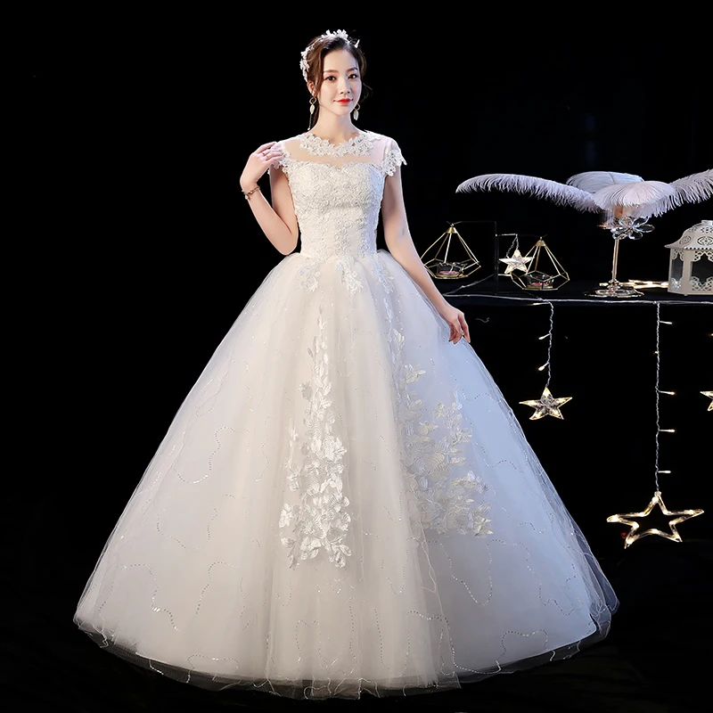 

2019 New Vintage O Neck Short Sleeve Wedding Dress Simple Flower Lace Backless Floor-length Ball Gown Robe De Mariee Casamento L