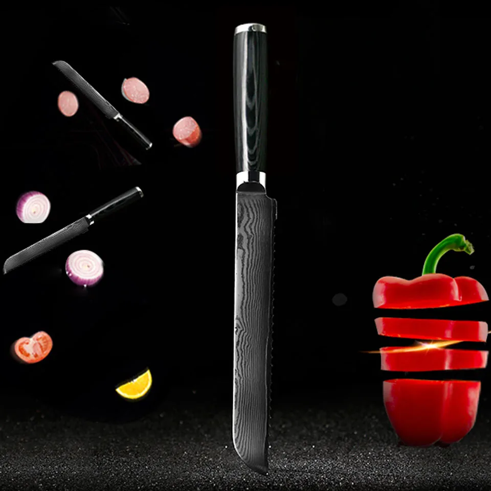 FINDKING Mikata ручка 8 дюймов Дамасская сталь лезвие Дамасская Пилообразная хлеб нож 67 слоев Дамасская сталь кухонный нож