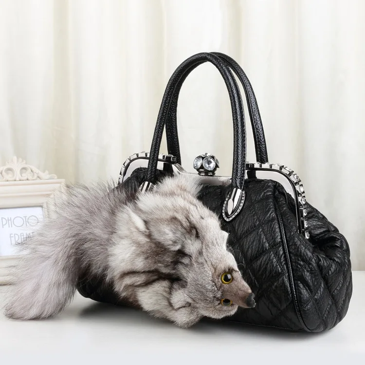 Новая стильная зимняя кожаная сумка через плечо с натуральным лисьим мехом, роскошная дизайнерская сумка-тоут Boston, женские милые меховые сумки с бриллиантами 776
