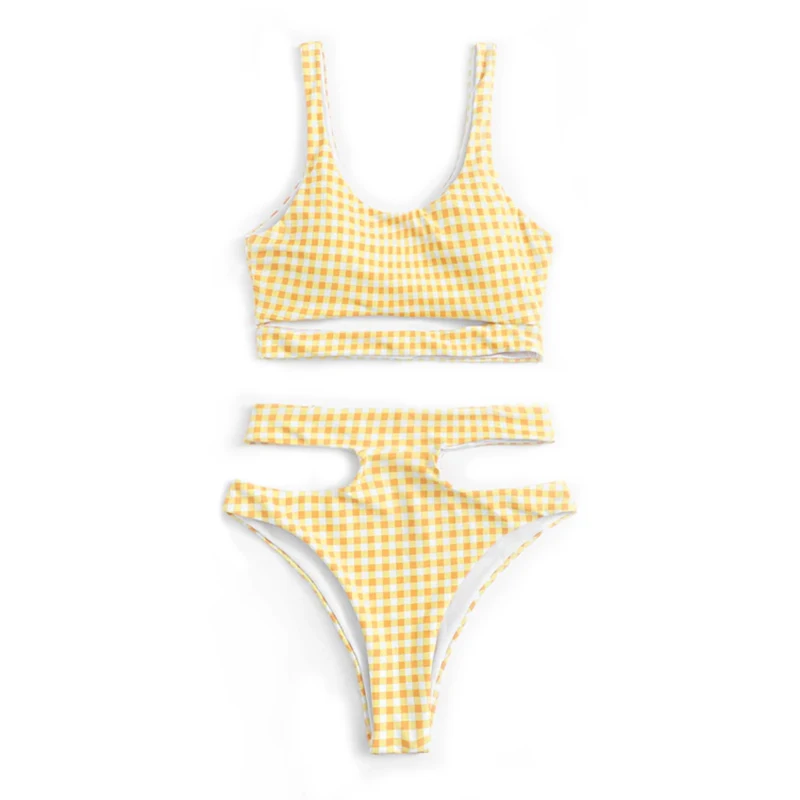 

High Waist Bikini Women Plaid Print Swimwear Pad Swimsuit Brazilian Biquini Bandage Bikinis Yellow Bathing Suit Maillot De Bain