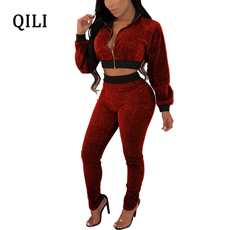 QILI Flash Bright Silk Women Jumpsuits Long Sleeve Zipper Patchwork 2 Piece Set Fashion Jumpsuit Autumn Winter Womens Jumpsuits
