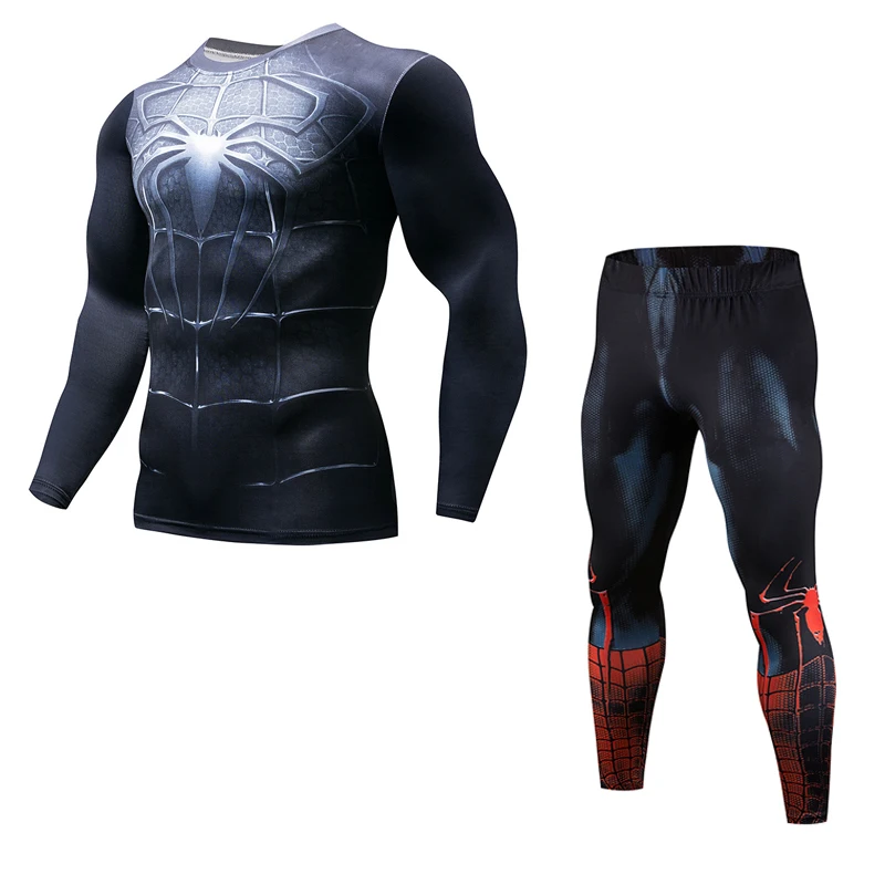 

Men Sports Running Set Compression Shirt + Pants Skin-Tight Long Sleeves Black Spider-Man Sports Training Clothes Gym Yoga Suits