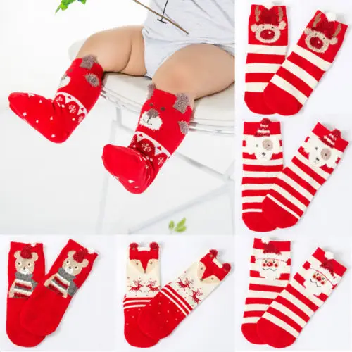 

New Lovely Toddler Baby Girls Kids Christmas Striped Satan Claus Stockings Cotton Knee High Hosiery Stocking Xmas Gifts 0-3Y
