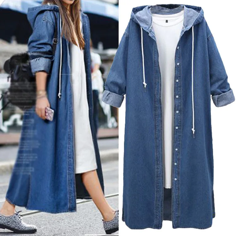 

2018 autumn suit new long-sleeved single-breasted denim jacket European and American large-size women's long windbreaker