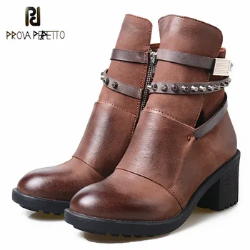 

Prova Perfetto High Quality Real Leather Women Ankle Boots Rivet Round Toe Zipper-side Woman Cowboy Boots High Top Buckles Botas